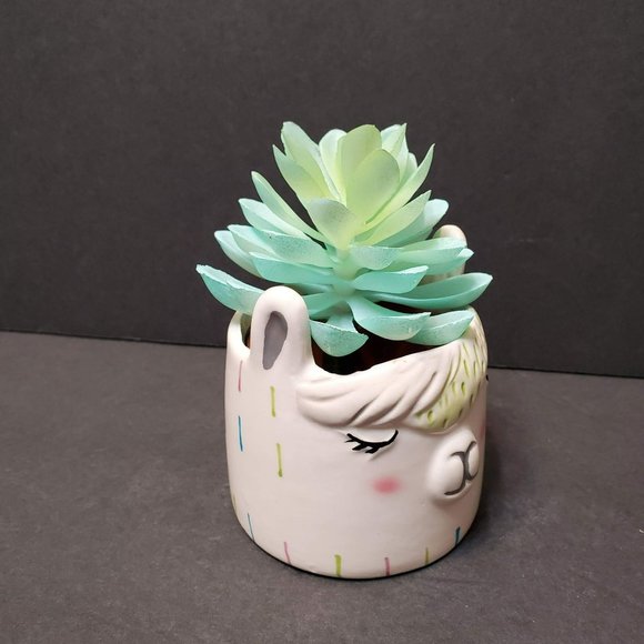 Llama Face Succulent Planter with Faux Succulent, Ceramic Animal Plant Pot - Picture 4 of 7